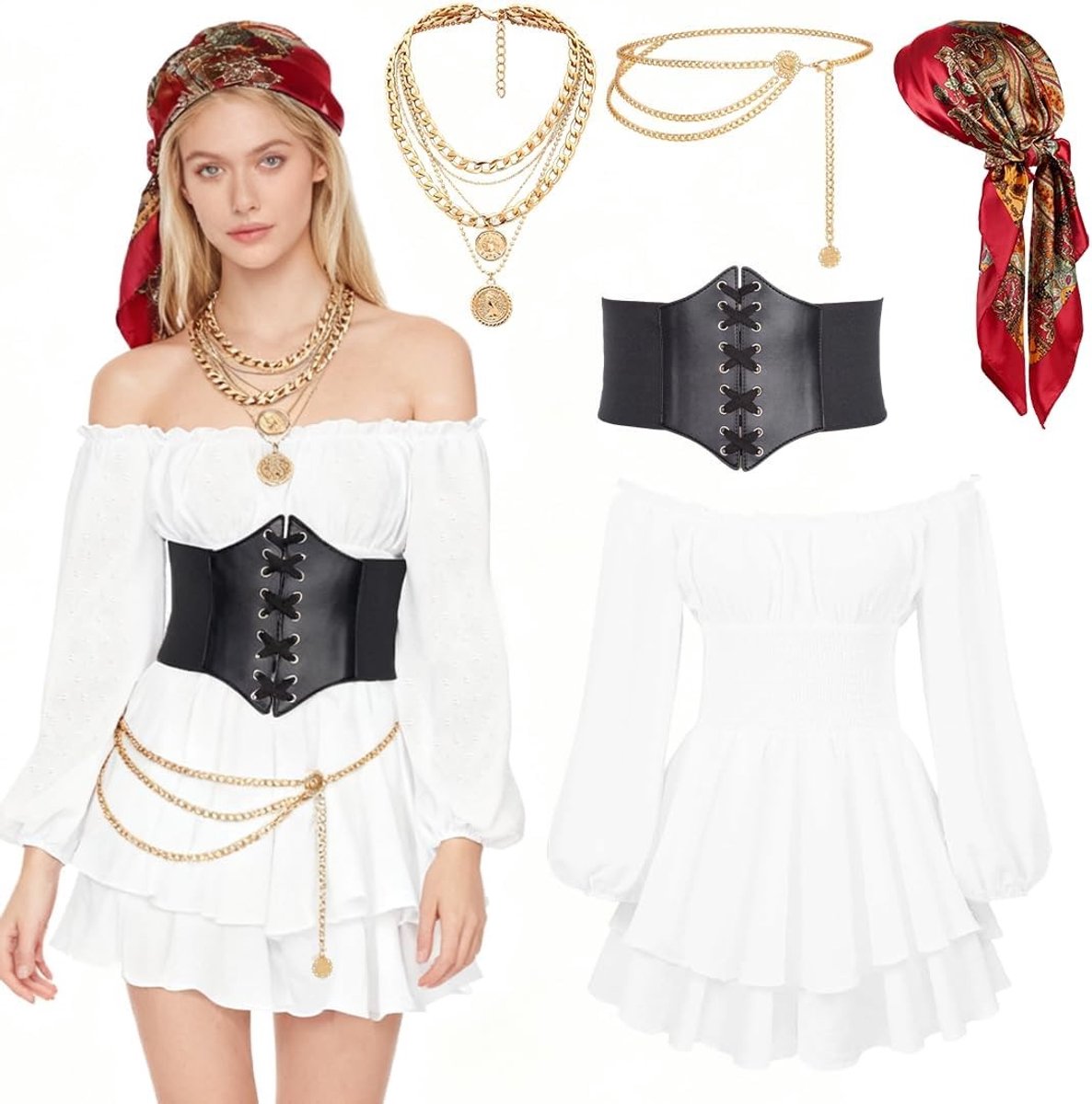 Zwoel Piratenkostuum voor Dames - Middeleeuwse Off-Shoulder Outfit voor Carnaval en Feestjes