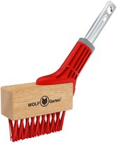 Voegenborstel van WOLF-Garten met rood handvat, aluminium steel en houten borstelkop met rode borstelharen.