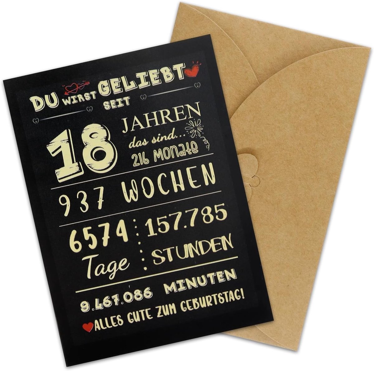 Verjaardagskaart en Envelop Set voor 18e Verjaardag - Leuk Cadeau voor Jongens en Meisjes, Speciale Verjaardagscadeaus, Kraft Papier Design