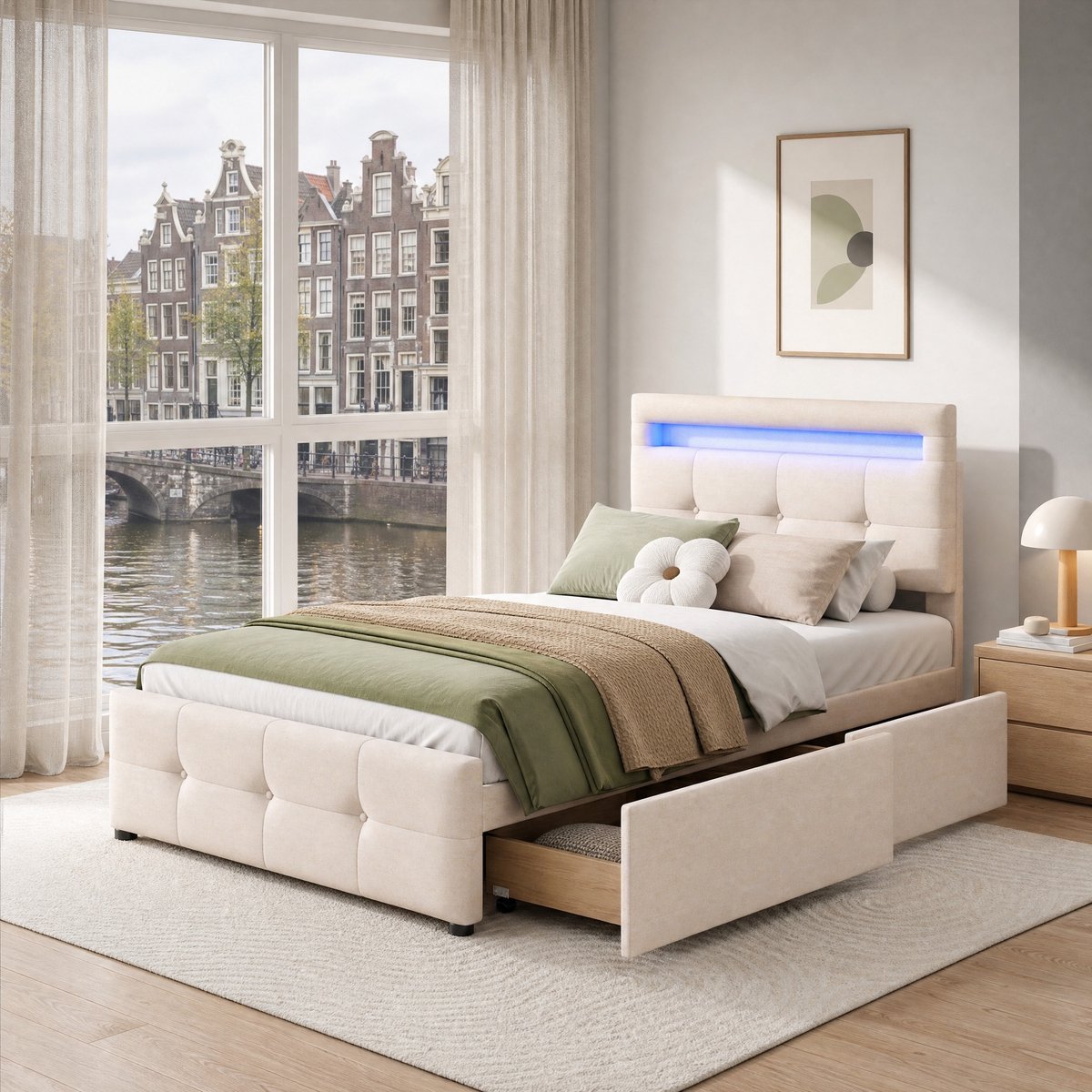 WUVRIE Polsterbett 90x200 cm met LED-verlichting, 2 lades, beige gestoffeerd enkelbed - lattenbodem, eenvoudig te monteren