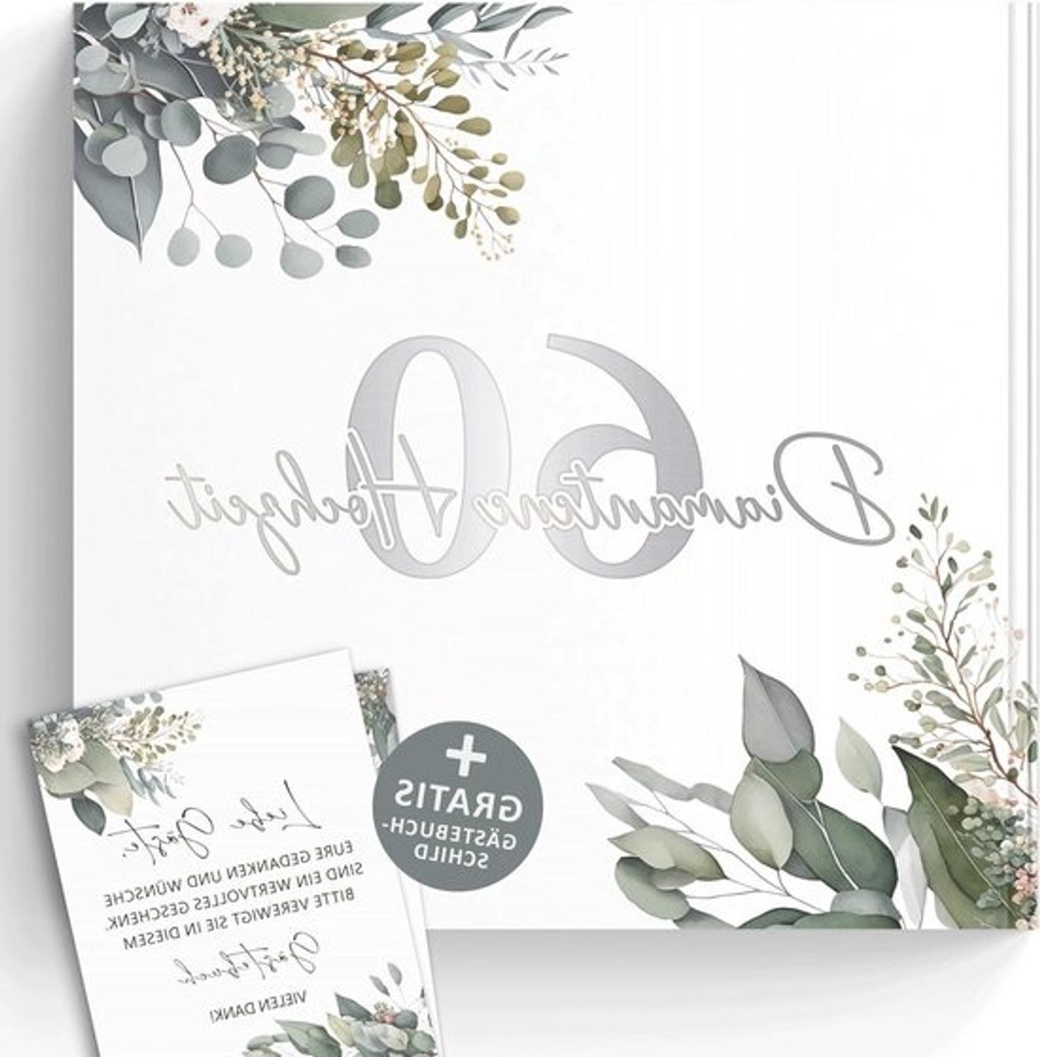 Gastenboek voor diamanten bruiloft - Herinneringenboek - jubileum - Om herinneringen vast te leggen - Eucalypt design - zilver - 21 x 21 cm - Niet gespecificeerd