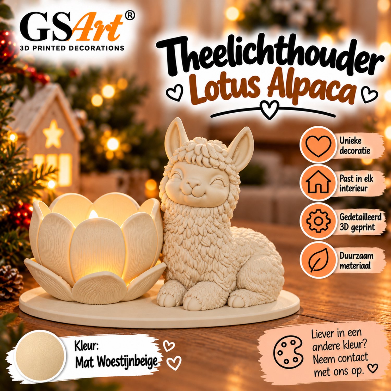 GSArt Theelichthouder Lotus Alpaca – Inclusief LED Theelichtje – 3D Geprint - Mat Woestijnbeige