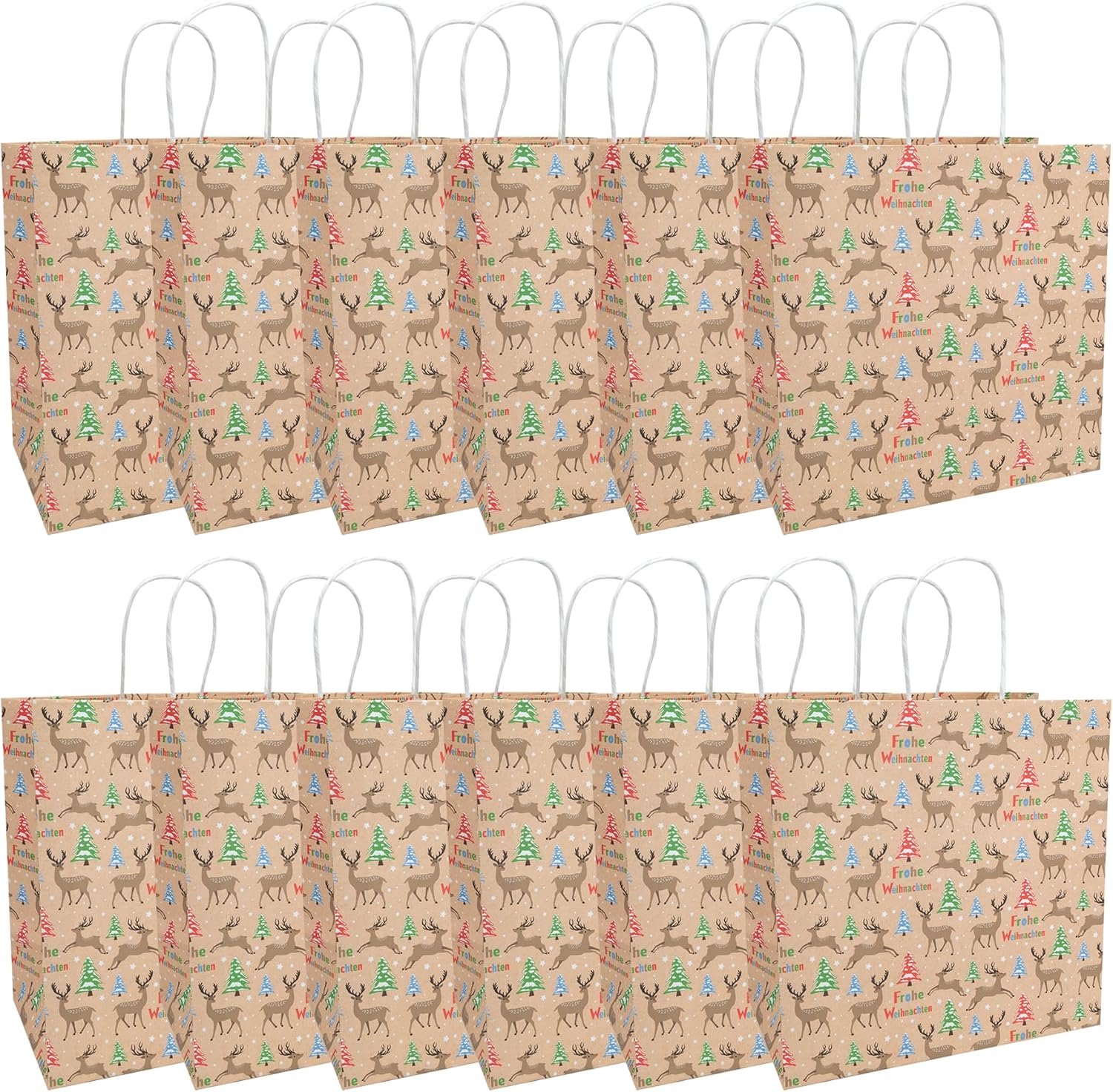 Cadeauzakjes 28 x 28 x 15 cm - Papieren tasjes met rendieren en dennenbomen - 12 stuks - ServiceTopper