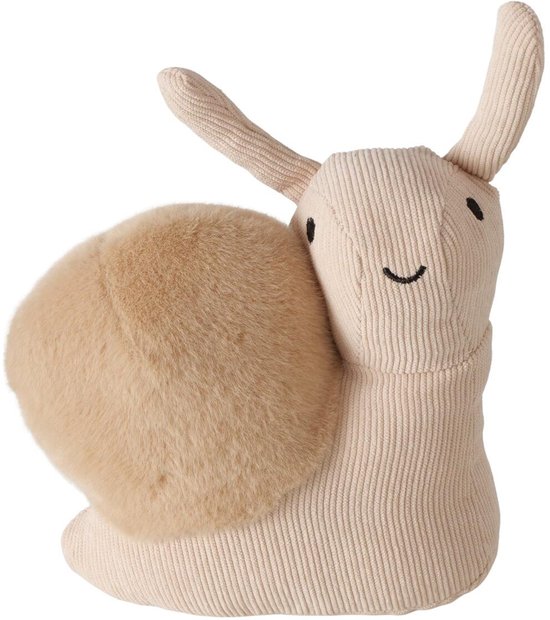 Beige slak deurstopper van corduroy met een zacht, rond pluche huisje en een vriendelijk geborduurd gezicht.