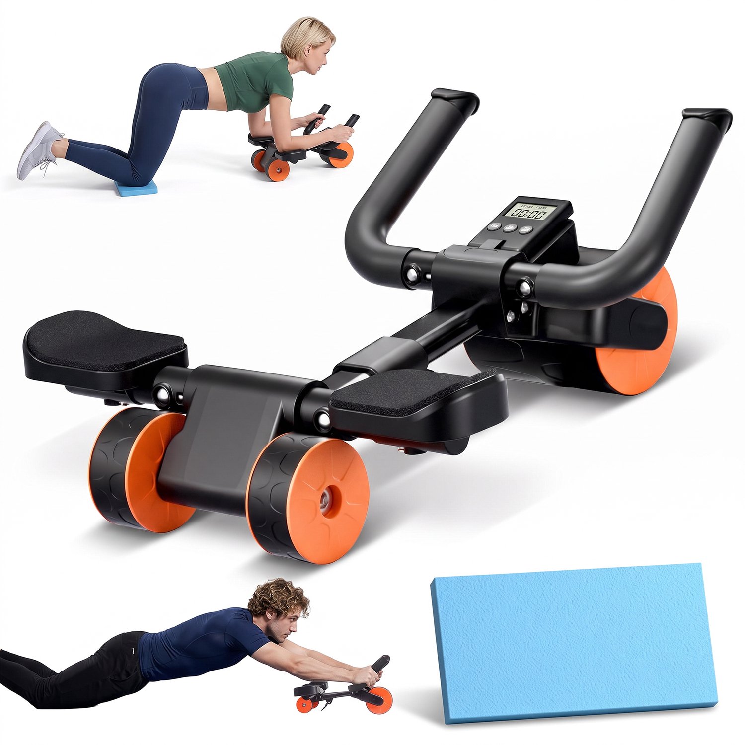 Multifunctioneel Buikspier Wiel - Ab Roller - Buikspierwiel - Buikspiertrainer - Core - 3-wielig - Automatische terugrolfunctie - Digitale timer - Verstelbaar - Tot 140 kg - Met kniemat - Zwart - buikspierwielen -buikspiertrainers - kerstcadeau