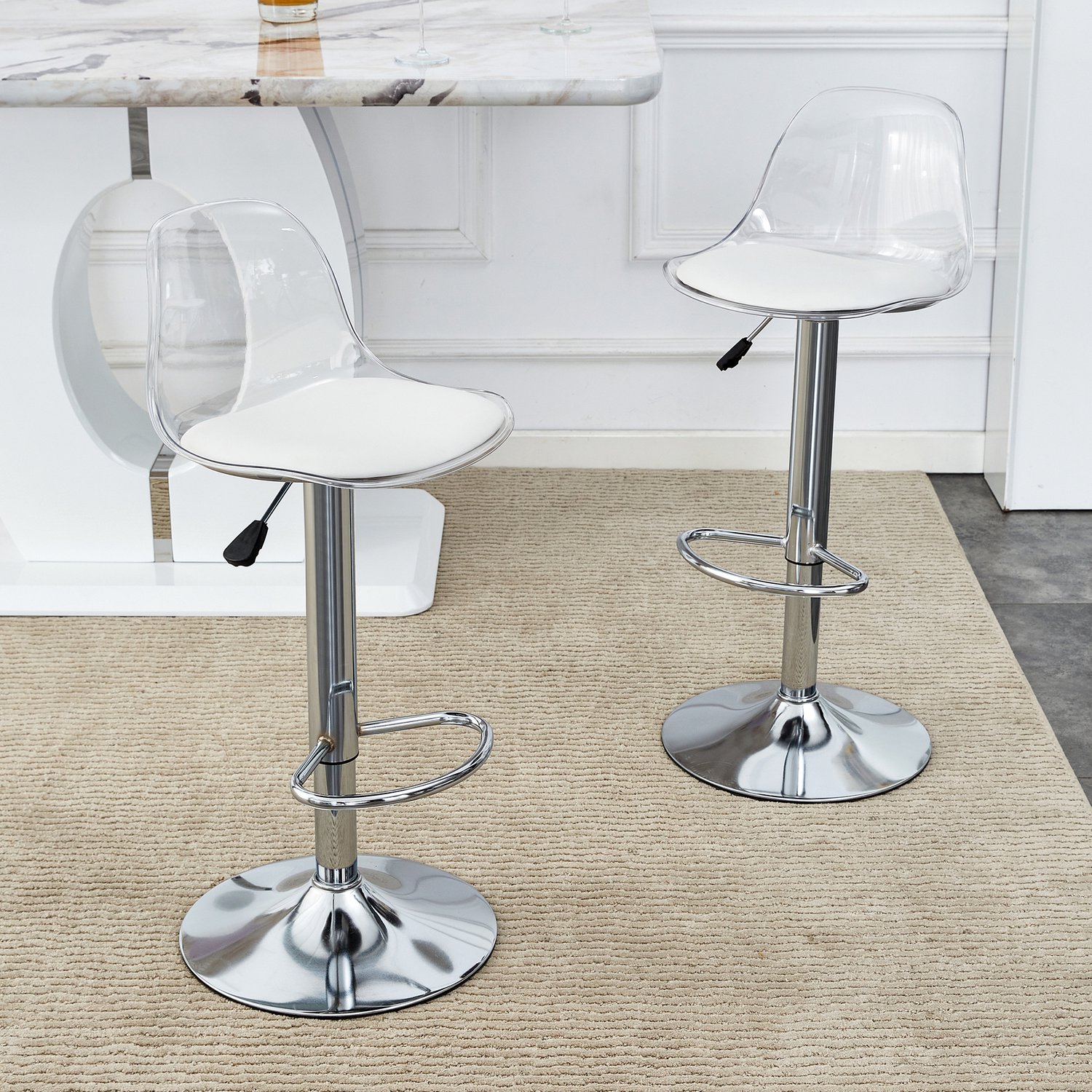 CHICFURN Barkruk - volwassenen - verstelbaar - set van 2 - wit en zilver
