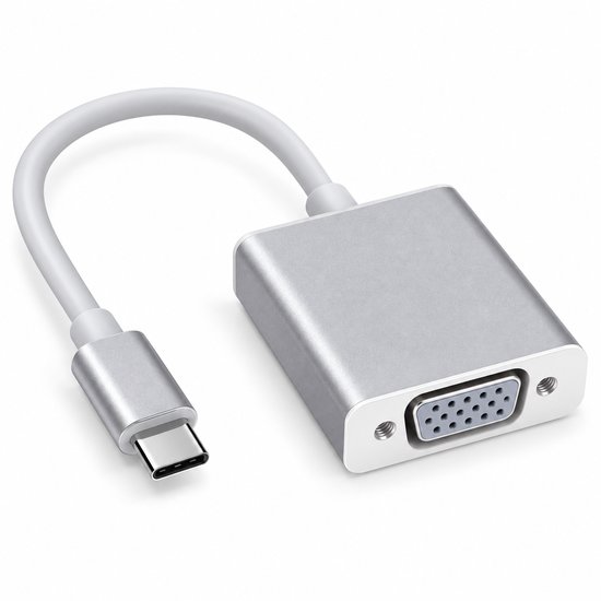 Adaptateur USB-C vers VGA argenté avec un court câble blanc.