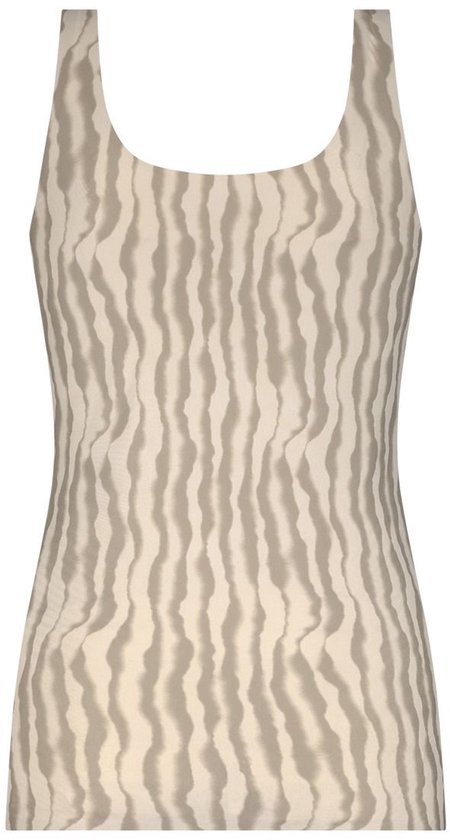 Beige mouwloos hemdje met een verticaal taupekleurig golfpatroon.