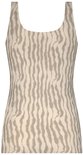 Beige mouwloos hemdje met een verticaal taupekleurig golfpatroon.