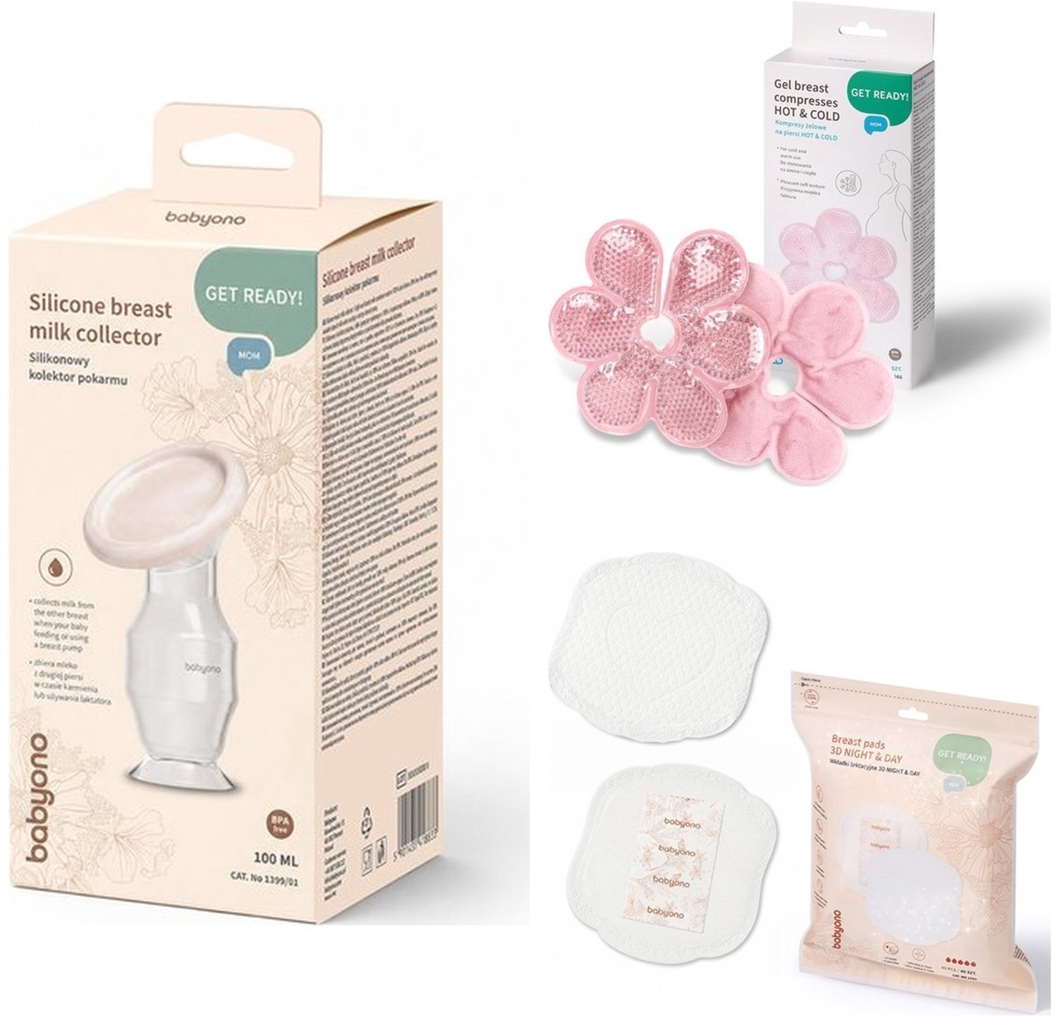 BabyOno Borstvoeding Starterset 3-delig - Siliconen Melkopvanger 100 ml, Gel Borstkompressen Hot & Cold en Zoogcompressen 3D 40 Stuks