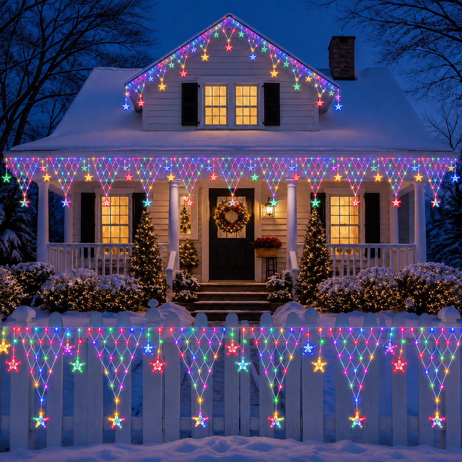 Lapamax Kerstverlichting Lichtgordijn met Hangende Sterren - Driehoekige Netverlichting 5 x 0,6 m met 192 LEDs en 6 Lichtpanelen - 8 Lichtstanden, IP44 - EU Stekker - Meerkleurig - Kerstdecoratie