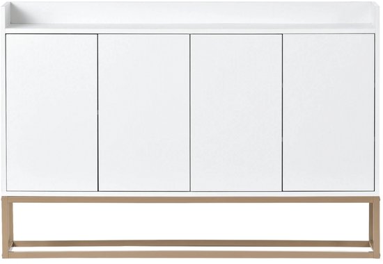 Strak wit dressoir met vier gesloten deuren en een minimalistisch goudkleurig metalen onderstel.
