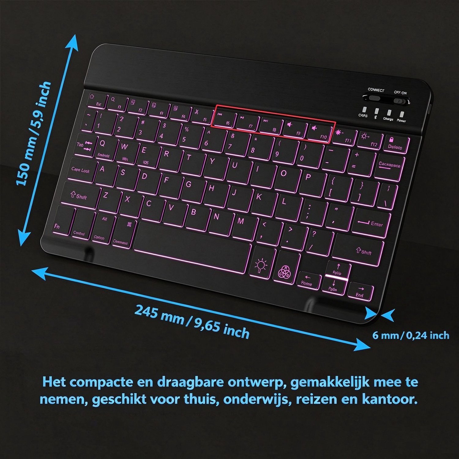 Bluetooth-toetsenbord met achtergrondverlichting – Compact & draagbaar draadloos toetsenbord, ideaal voor tablet, smartphone en laptop – Zwart thumbnail 5