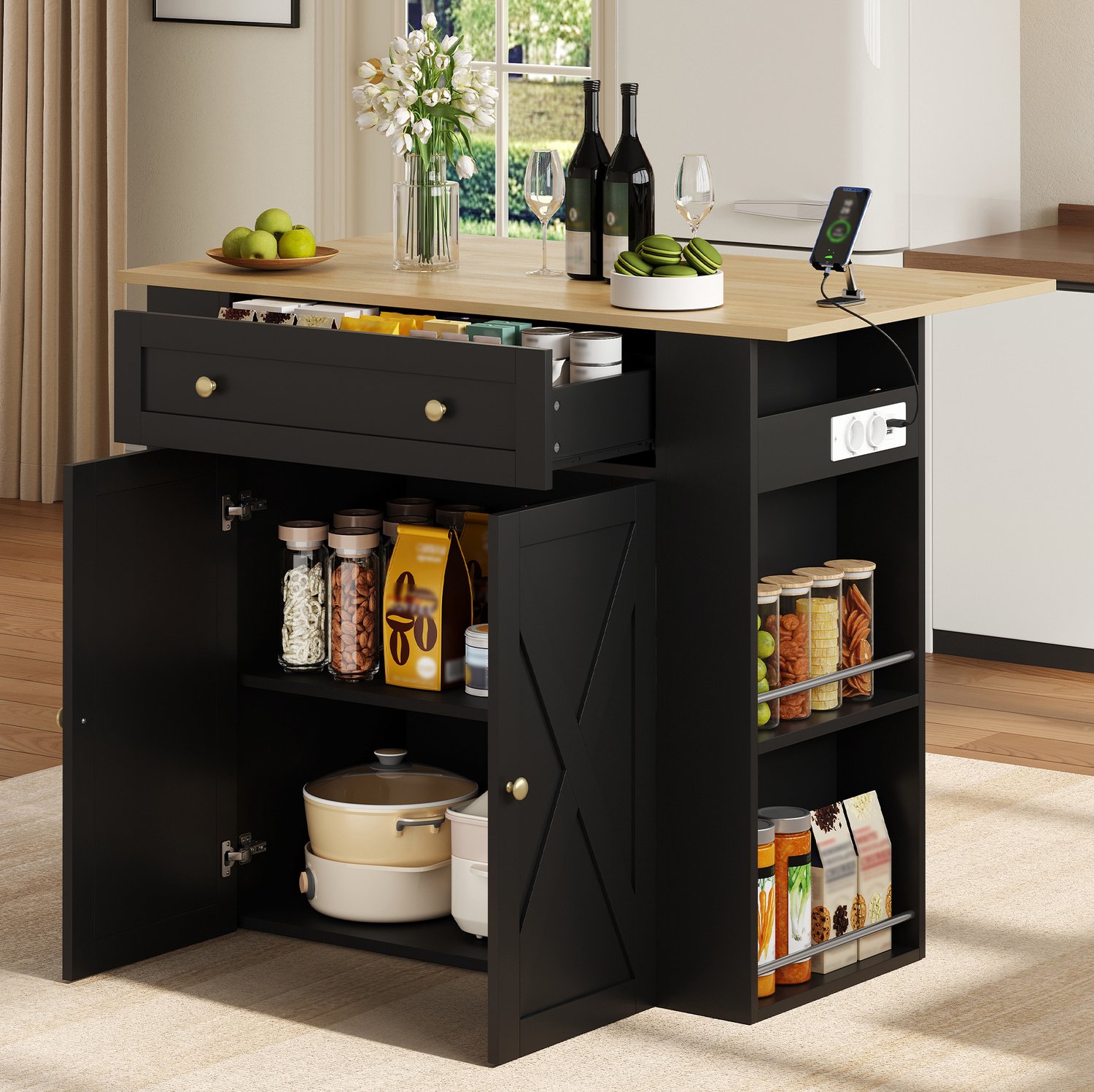 OKWISH Keukeneiland - Klapbaar Werkblad Met Stopcontact - Keuken, Eetkamer Of Woonkamer - MDF Zwart - 120 x 75 x 97 cm