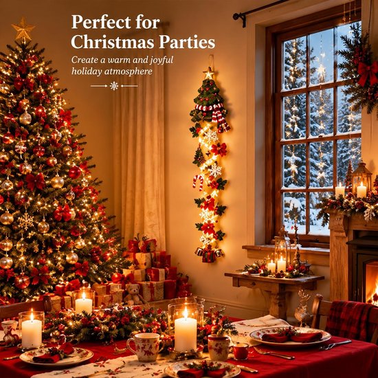 Sneeuwpop kersthanger in een feestelijke eetkamer met kerstboom. Tekst: Perfect for Christmas Parties.