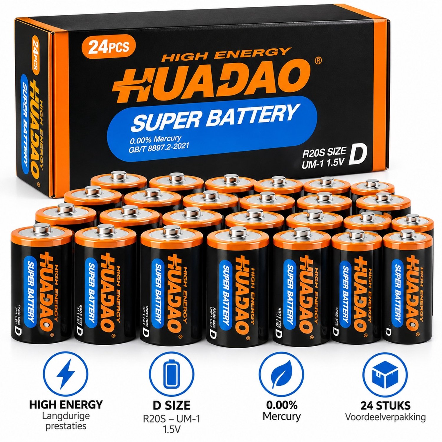 HUADAO D Batterijen R20S 1,5V – 24 Stuks – Langdurige Levensduur – High Energy – D-Cell / UM-1