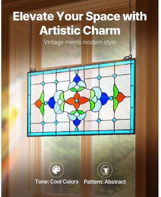 Glas-in-Lood Raampaneel Hangend - 664 X 402 Mm - Glas - Vintage Decoratie - Raamdecoratie — afbeelding 2