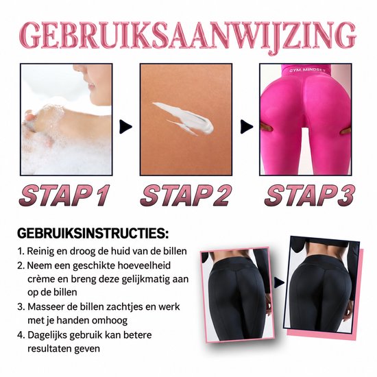 Stappenplan voor het aanbrengen van billencrème: reinigen, aanbrengen en masseren.