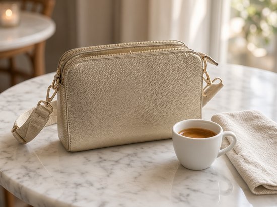 Gouden crossbodytas met twee ritsen en een beige geweven schouderband op een marmeren tafel naast een kopje koffie.