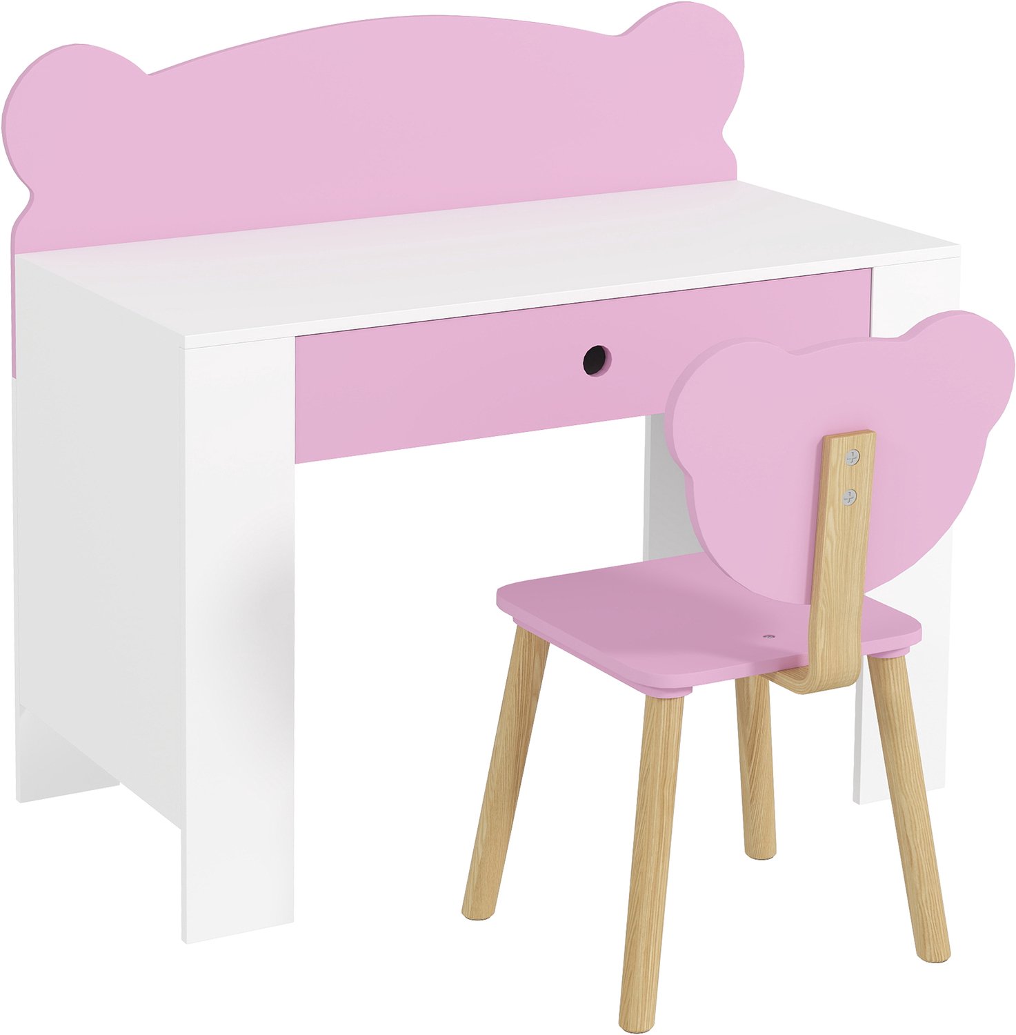 Playon Kinderbureau met stoel - Met lade en berenmotief - 80 x 41 x 74,5 cm - Roze/Wit