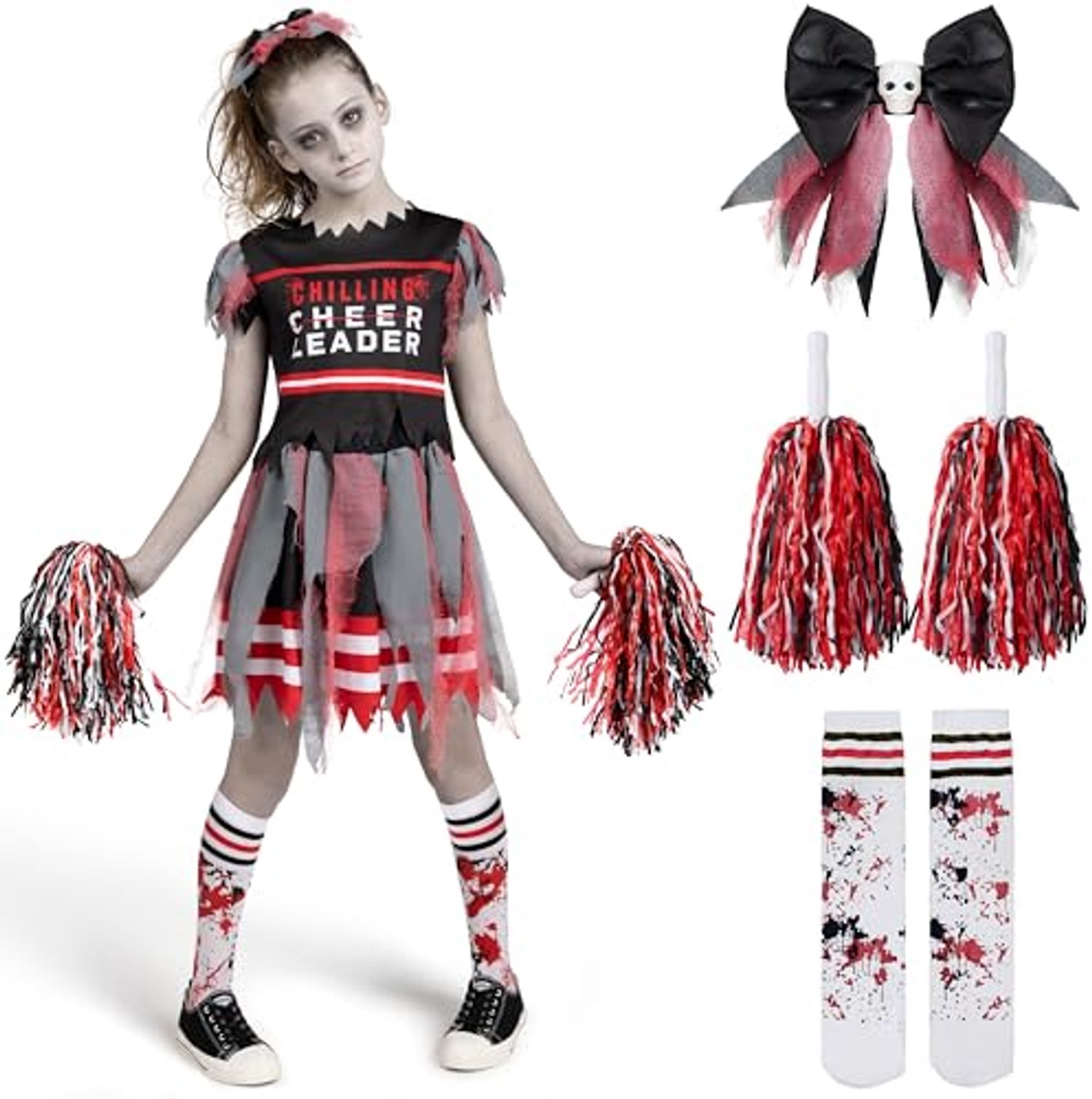 Spooktacular Creations donkerrood zombie-cheerleaderkostuum voor meisjes - maat S