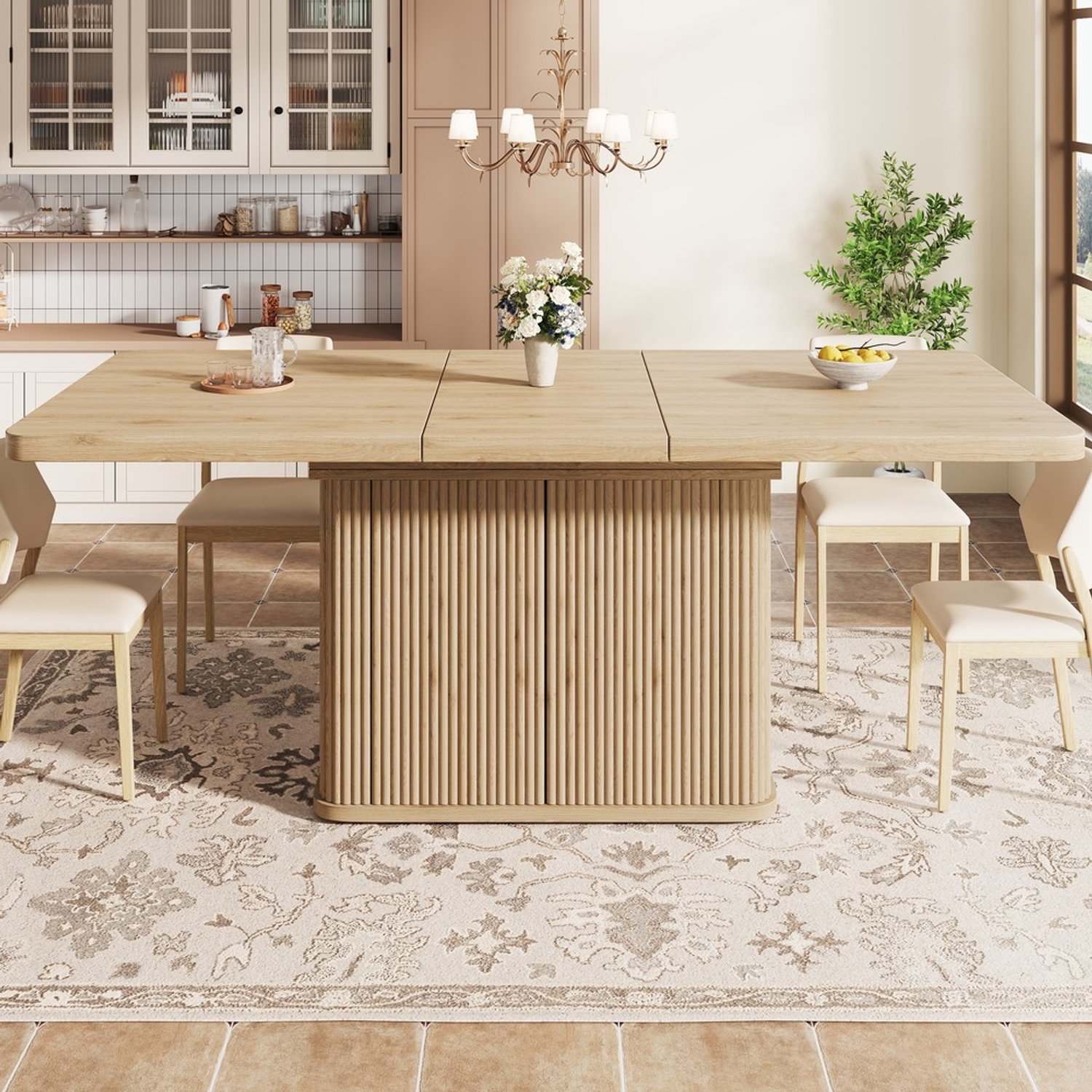 Pugsdrly Multifunctionele eettafel met verborgen opbergruimte, uitschuifbaar tafelblad, ontwerp met verticale reliëfstrepen, 140–180 cm, lichte houtlook