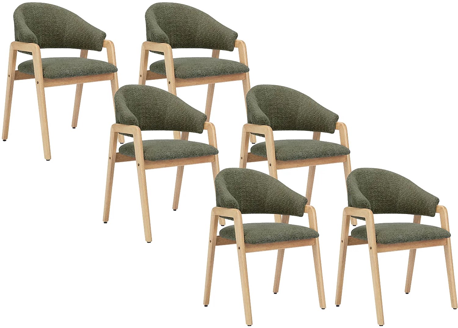 Vente-unique Set van 6 stoelen met armleuningen in teddy en hévéahout - Groen en naturel - SOLUNA Kaki