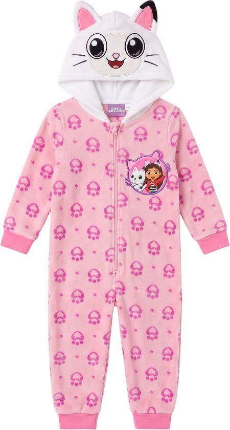Roze Gabby's Dollhouse onesie met pootafdrukken en capuchon met kattengezicht en oren.