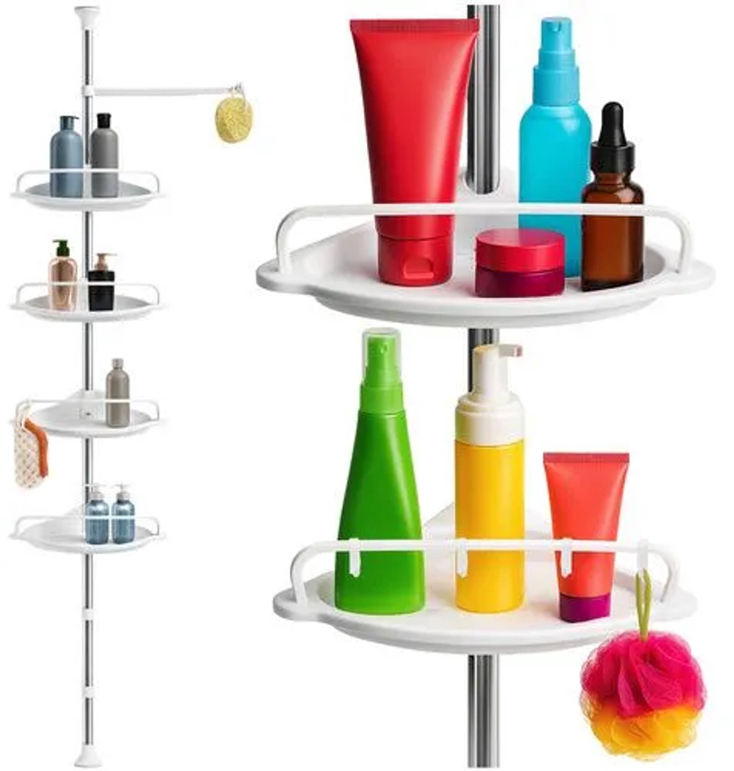 Hauskraft - Doucherek Zonder Boren - Telescopisch Hoekrek - 4 Planken - 240-310 cm - 3 Haken en Handdoekhouder - Wit