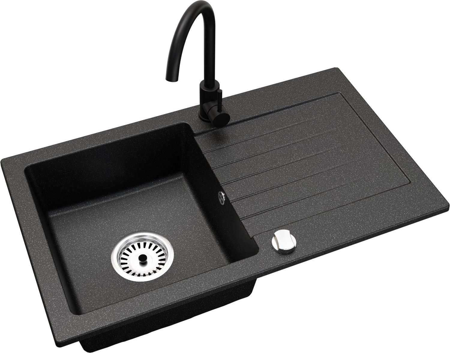 Faizee Home Alisha Granieten Spoelbak 75 × 44 cm – Kwartscomposiet – Omkeerbaar – Inclusief Genial Keukenkraan en Afvoer Schwarz Gesprenkelt