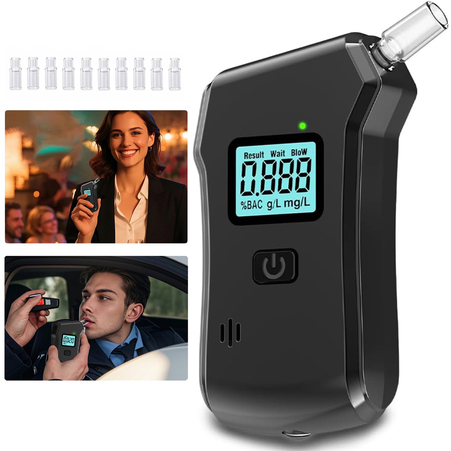 MIVRAY Alcoholtester – Nauwkeurige Meting– Draagbaar Voor Dagelijks Gebruik – Geluids- En Lichtsignalen – 10 x 6,2 x 3,3 cm – 10 Extra Mondstukjes - ABS-Kunststof – Zwart
