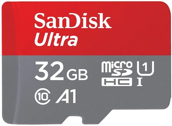 Rode en grijze SanDisk Ultra microSD-kaart van 32 GB met A1- en Class 10-classificatie.