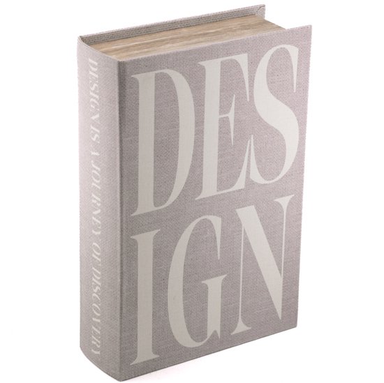 Rechtopstaand decoratief opbergboek in beige met de tekst DESIGN en DESIGN IS A JOURNEY OF DISCOVERY.