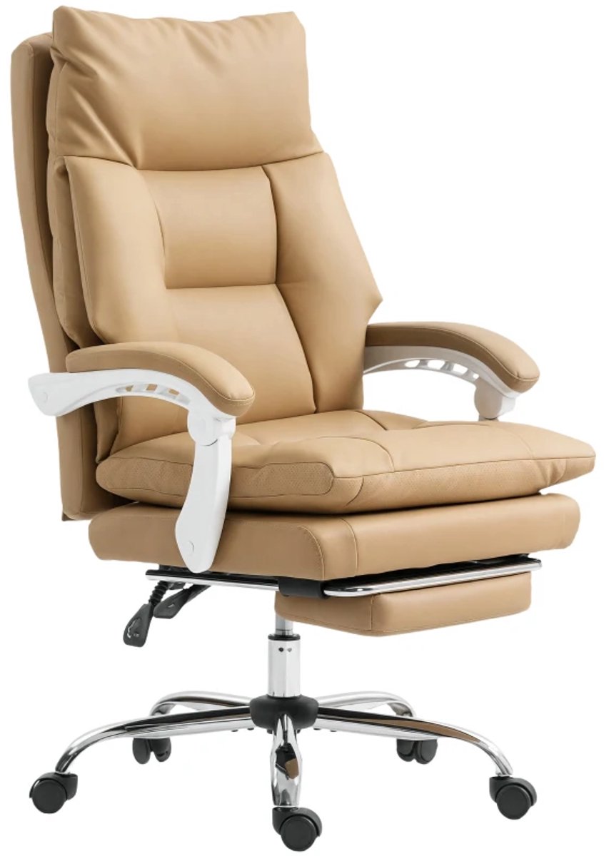 Ergonomische Bureaustoel met Lendensteun & Voetensteun - In Hoogte Verstelbaar - 360° Draaibaar - Max. kanteling 135° - Kantoorstoel - Gamestoel - Volwassenen Stoel - Directiestoel - Computerstoel - Lichtbruin