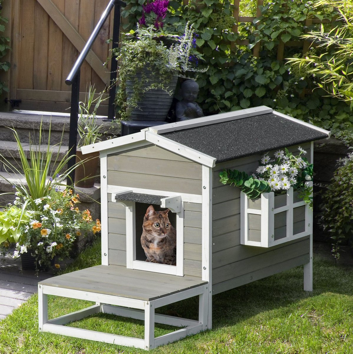 REDOM- Kattenhuis - Met terras en balkon - Houten constructie - Voor binnen en buiten - Grijs - 115 x 66,5 x 74,7 cm
