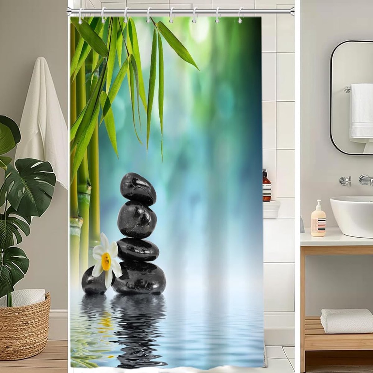 SnelShoppen - Douchegordijn 120 x 200 cm Anti-Schimmel Bamboe Groen Bladeren Luxe Zwart Steen Douche Gordijnen Stof Wasbaar Waterproof Polyester Badka