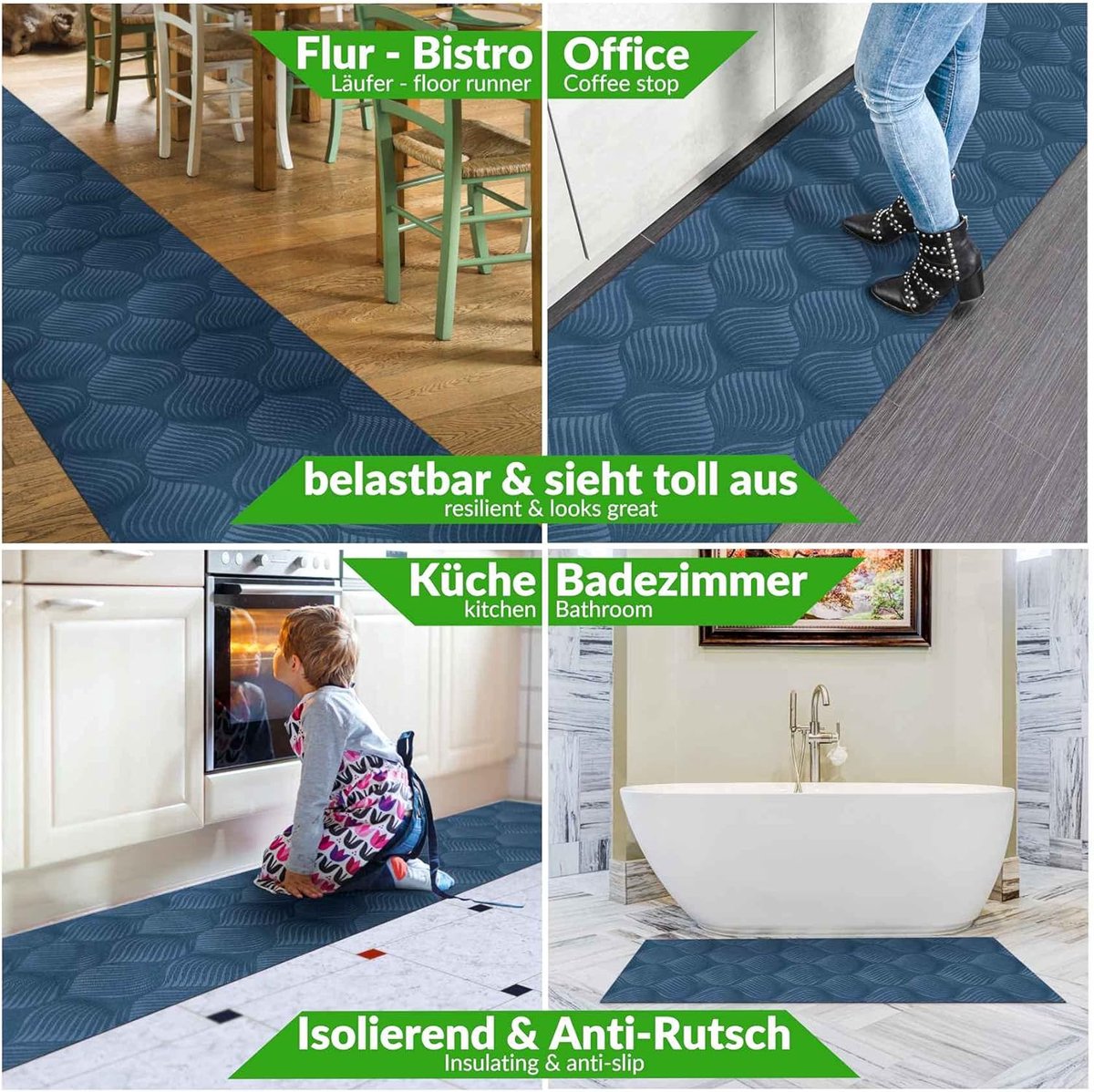 SnelShoppen - ANRO Loper Tapijt Hal Tapijt Keuken Loper Velours Antislip Wasbaar voor Hal, Slaapkamer, Woonkamer, Keuken, Blauw 50 x 280 cm