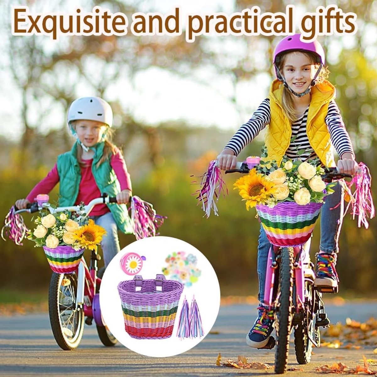 SnelShoppen - Kinderfietsmand Gevlochten Fietsmand voor Meisjes en Kinderen - Voorkant Fietsmand met Lederen Band - Inclusief Fietsbel, Kleurrijke Str