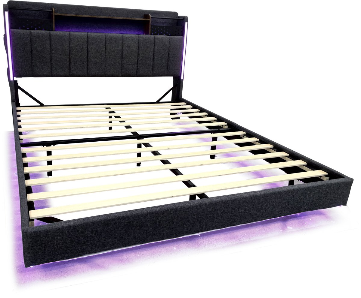 Gestoffeerd zwevend bed 160x200 cm - Geschikt voor tiener- en volwassen slaapkamer - Grijs - Opbergvak en USB in hoofdeinde - LED-verlichting rondom - Inclusief houten lattenbodem