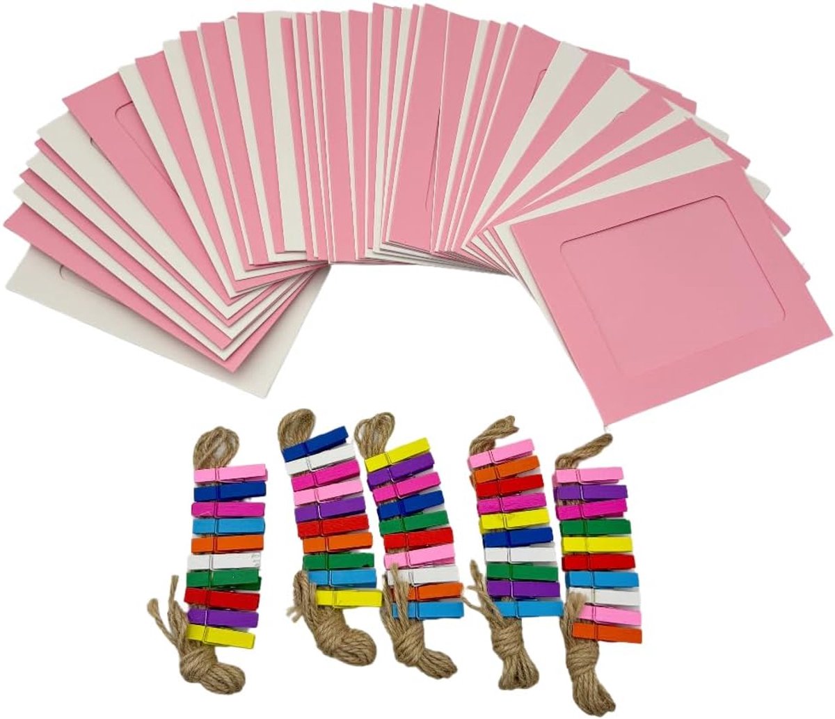 50 stuks hangende fotolijsten kit met clips en touwtjes, papieren fotolijsten, bulk, doe-het-zelf clip fotohouders - ShopVlot