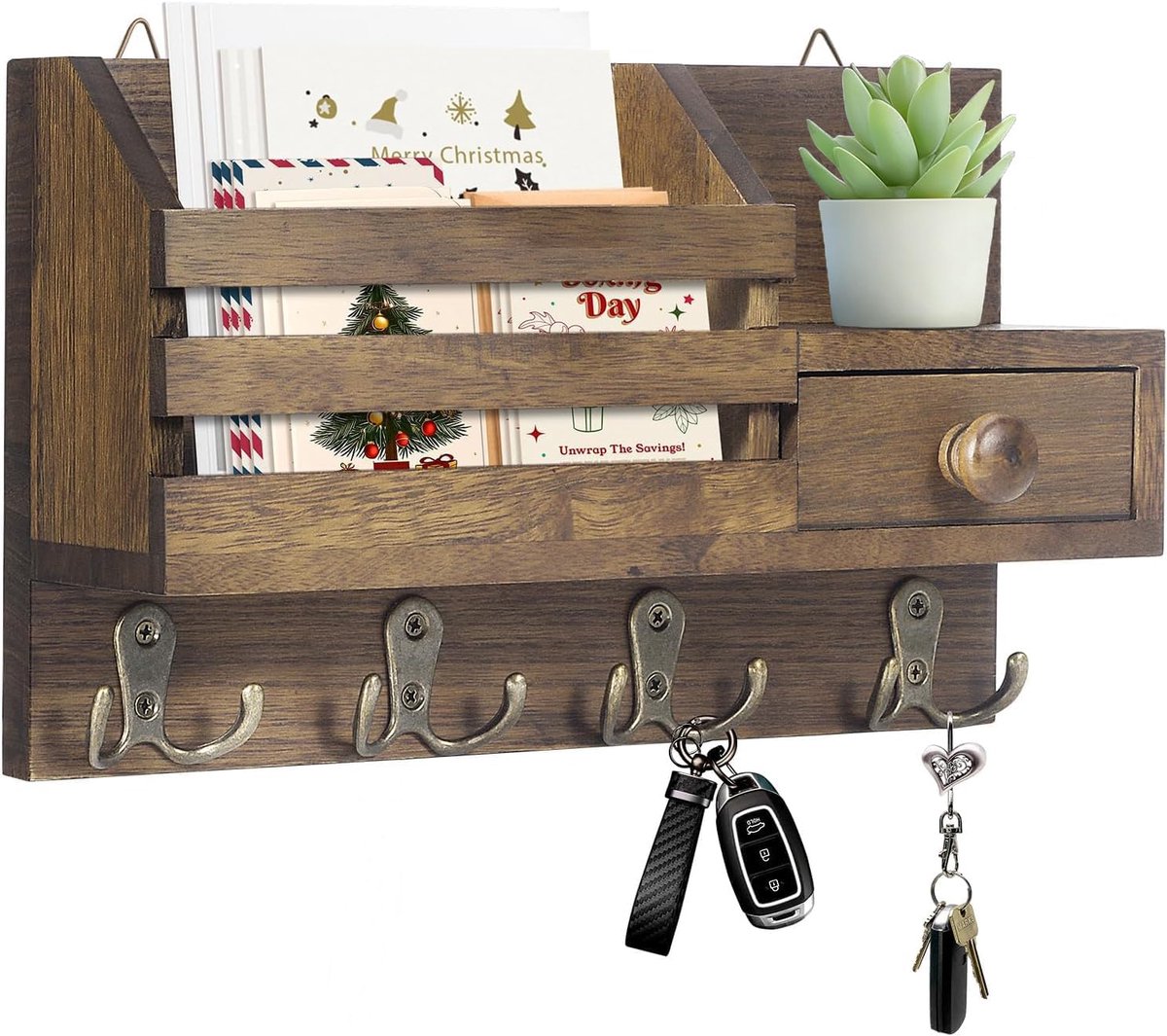 Key Holder Wall Mounted, Wooden Adhesive Post and Key Organizer, Brown - ShopVlot