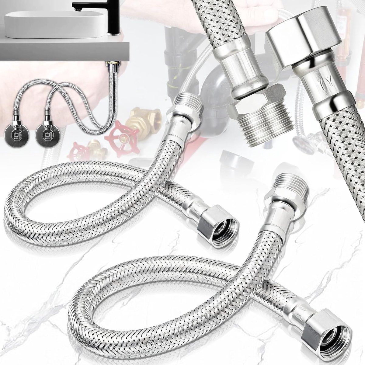 2 Pieces 3/8 Stainless Steel Flexible Hose for Faucet with Angle Valve, Flexible Connection Hose - 30cm Length - ShopVlot