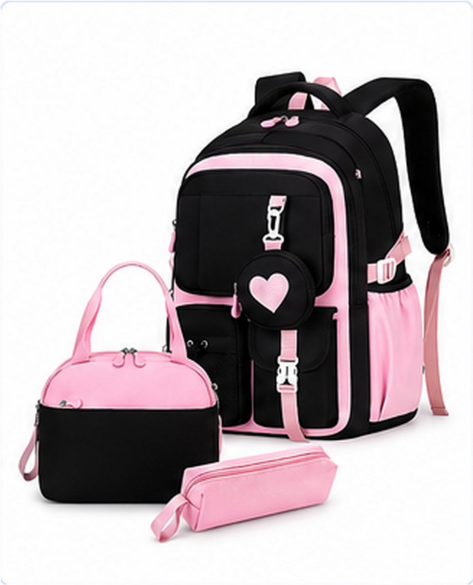 Bobypet - Schooltas Meisjes - 3-in-1 School Rugzak Set met Lunchtas en Etui - Waterdichte Boekentas 15.6 Inch Laptop - Roze