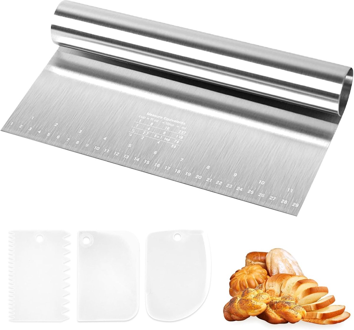 SnelShoppen - Set van 4 Deegkaarten, 30 x 12 cm, RVS Deegschraper met Meetlat, 3 Plastic Taartscheppen, Deegspatel voor Taart, Pizza, Brood, Keukenacc