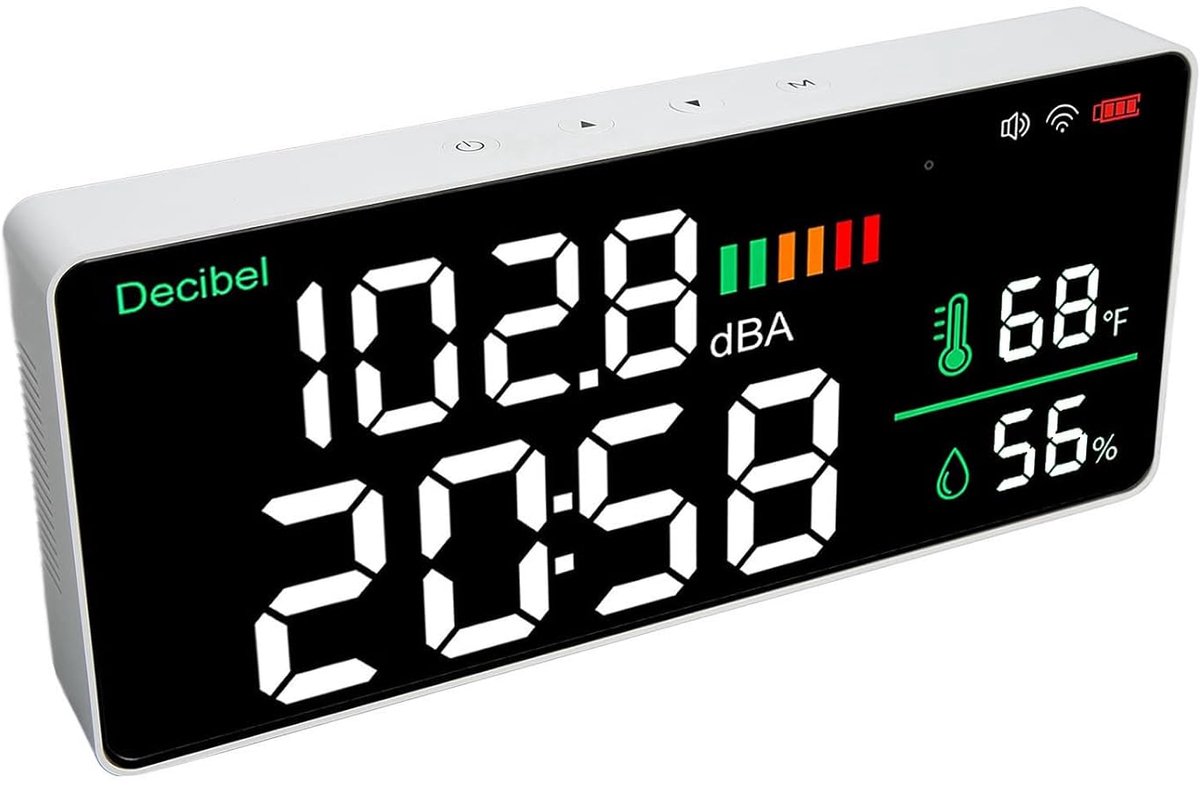SnelShoppen - Decibulair Mes Wifi Wand Gemonteerd 11 Inch LED - Temperatuur, Vochtigheid, Tijd, 4 in 1 Meter voor Thuis, Kantoor en Tuin