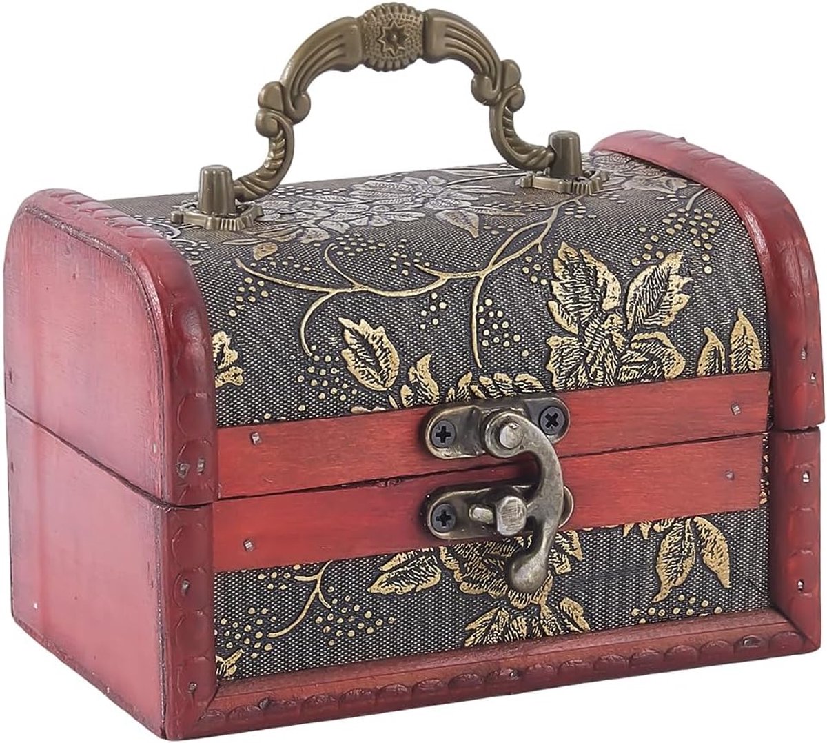 SnelShoppen - Houten Mini Sieradenkist, Piraten Schatkist, Retro Herinneringen Opslagdoos, Kleine Decoratieve Europese Nepleren Kist met Handgreep voo