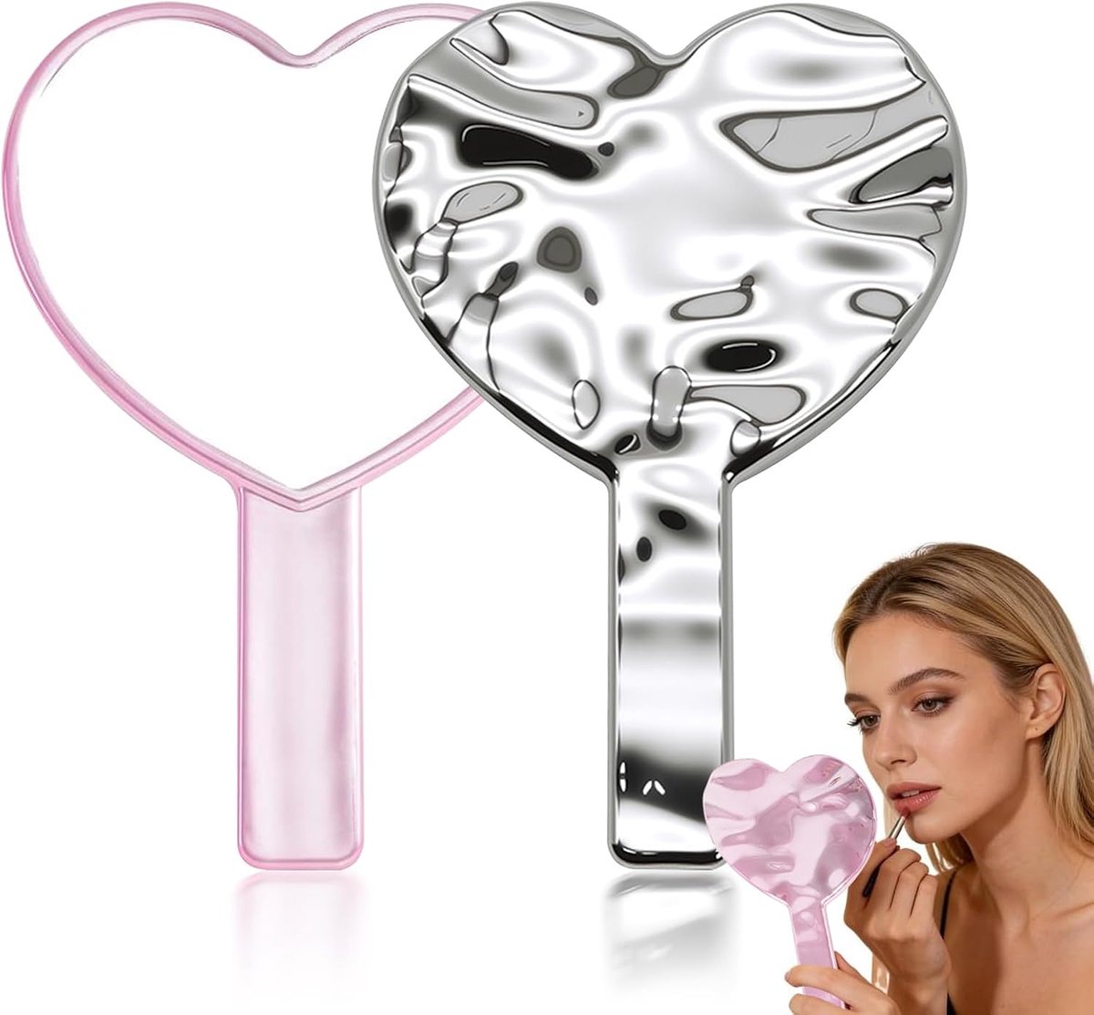 2 stuks handspiegels met handvat, draagbare hartvormige make-upspiegel, dames, dagelijkse cosmeticaspiegel, make-up - ShopVlot