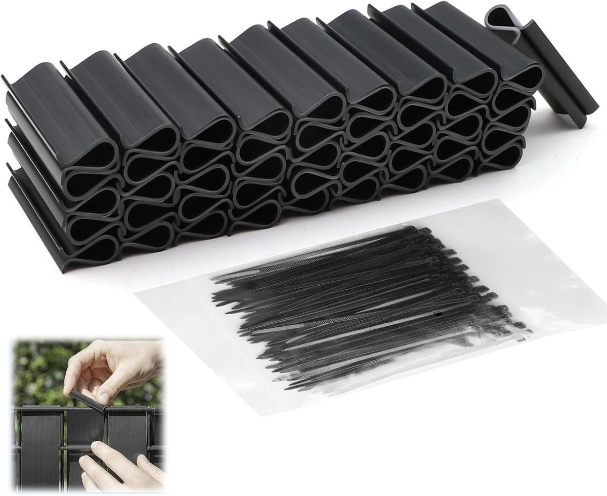 SnelShoppen - Clamp rails voor privacystrips, dubbele staafmatten, privacy scherm, 50 UV-bestendige PVC hekclips, zwart + 100 kabelbinders 2.5 mm voor