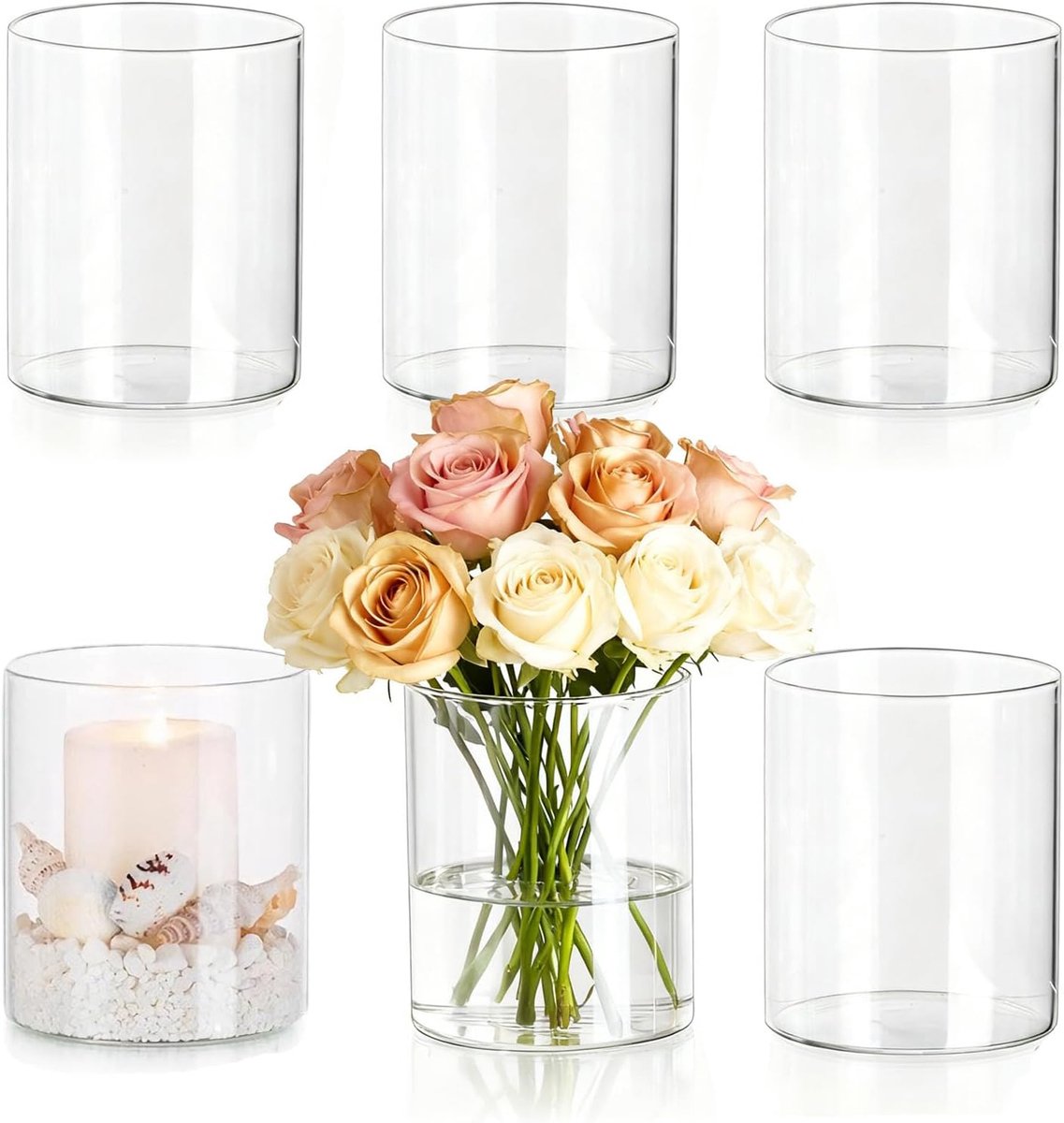 SnelShoppen - Glazen Vaasje Set van 6 Stuks, 8 x 6.5 cm, Duidelijk Glas, Cylinder Vazen voor Kaarsen, Bloemen, Tafel Decoratie, Landelijke Stijl voor