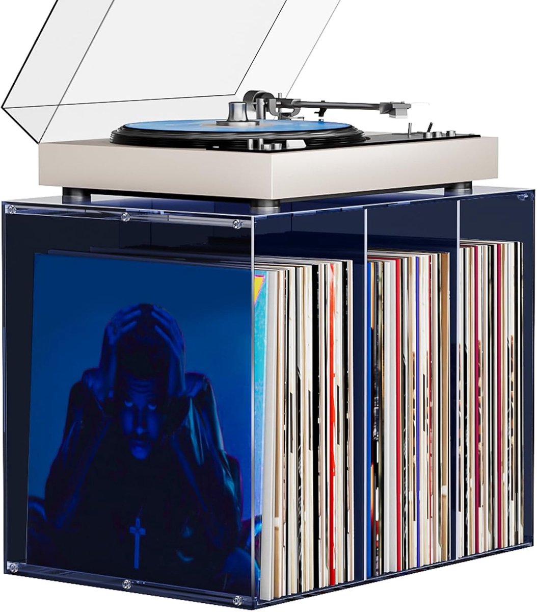 SnelShoppen - Vinyl Platenhouder Midnight Blue, Stapelbare Acryl Platenrek, Moderne Vinyl Opbergdoos voor 50+ Platen, Luxe Blauw LP Organizer, Design